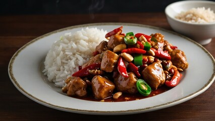 A plate of kung pao chicken with rice, garnished with chili peppers and green onions