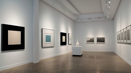 Minimalist art gallery with neutral palette, framed artwork, clean lines