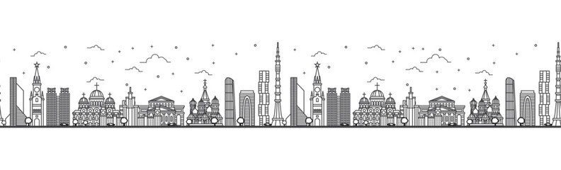 Seamless pattern with outline Moscow Russia City Skyline. Modern and Historic Buildings Isolated on White. Moscow Cityscape with Landmarks.