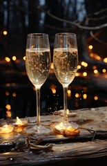 Romantic Champagne Flutes on Wooden Surface with Candlelight Glow