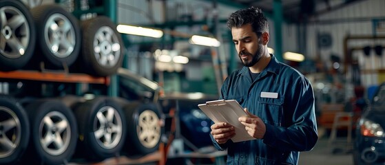 a professional and focused auto mechanic standing in a well-equipped car workshop. early morning start to a productive day.