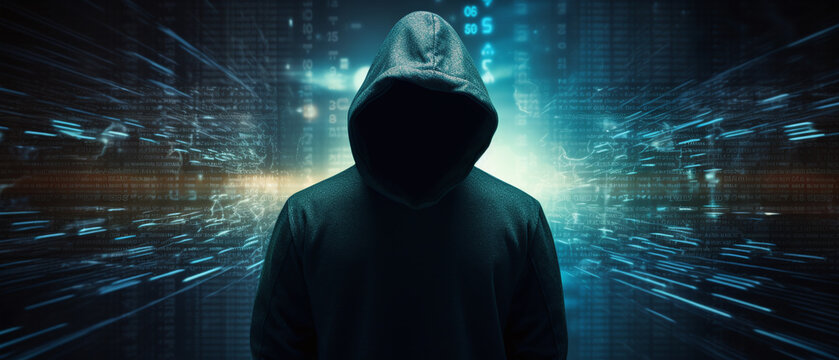 Silhouette of a hacker in a hood, technology background.