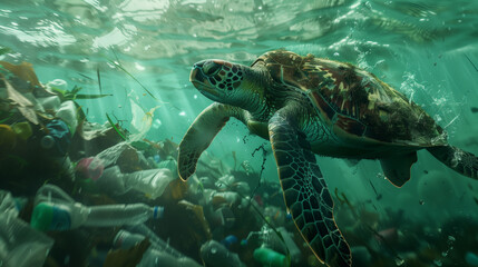 The concept of sadness and despair about the state of our oceans. A turtle swimming in a sea of...