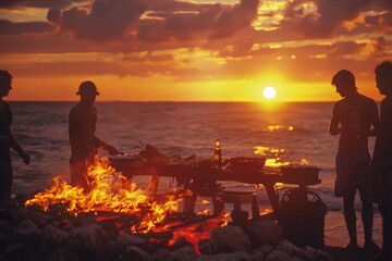 A group of people at a beach barbecue, cooking food over an open flame as the sun sets