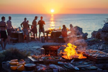 A group of people at a beach barbecue, cooking food over an open flame as the sun sets
