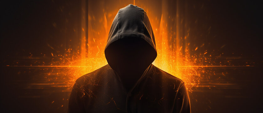 Silhouette of a hacker in a hood, technology background.