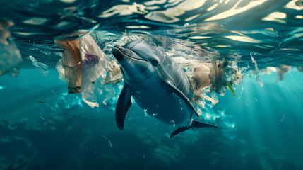 Naklejka premium A dolphin swims in the ocean surrounded by plastic debris. The concept of sadness and concern for the environment