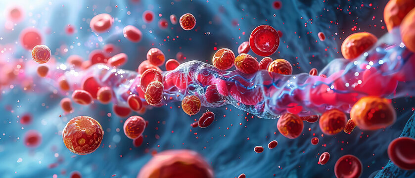 Artistic representation of lipids interacting within the bloodstream showcasing diverse molecular forms