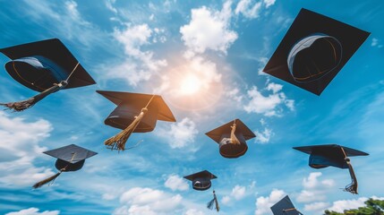  A group of graduates, donned in caps and gowns, enthusiastically toss their mortar boards skyward in anticipation of the graduation ceremony