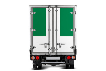 A truck with the national flag of Nigeria  depicted on the tailgate drives against a white background. Concept of export-import, transportation, national delivery of goods