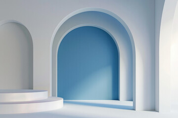 Minimalist 3D white and blue interior design background with an open space