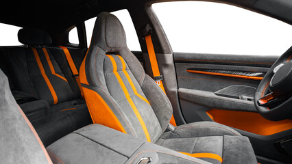 Close-up    black  and orange   passenger seats. Luxury car interior