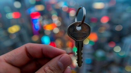  A person tightly gripping a key in focus, cityscape with indistinct buildings behind, blurred