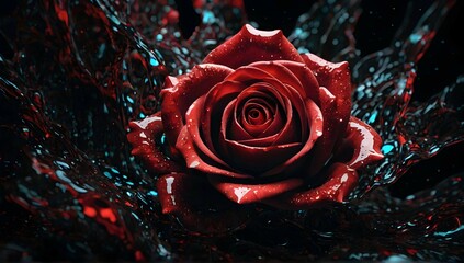 A stunning digital abstract masterpiece that captures the essence of a rose and water fusion. The rose, "Te Amo Dani Celeste," is composed of thousands of minuscule red and black glowing particles, sh