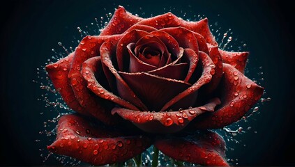 A stunning digital abstract masterpiece that captures the essence of a rose and water fusion. The rose, "Te Amo Dani Celeste," is composed of thousands of minuscule red and black glowing particles, sh