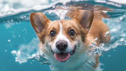 A cute corgi swims in the water, laughing and sticking out its tongue. generative AI