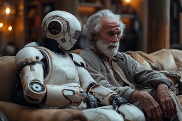 Fototapeta premium AI generated illustration of a robot sitting on the sofa with an elderly man