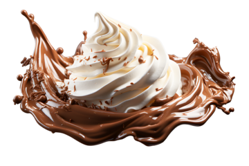 Whipped Cream with Chocolate or frozen yogurt isolated on cut out PNG or transparent background. Suitable for decorating cakes and various bakeries.  Realistic food dessert clipart template pattern.