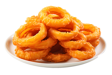 Onion ring. Yellow deep fried onion rings in white plate Isolated on cut out PNG or transparent background. Realistic food clipart template pattern. Breaded crispy vegetable Snack.