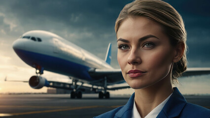 Portrait of a beautiful business woman in front of an airplane