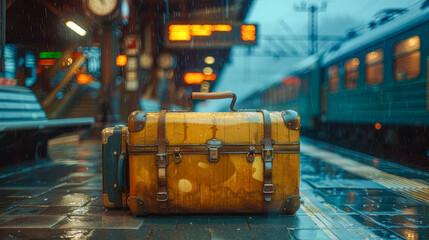 Suitcase on the platform of the railway station in the evening