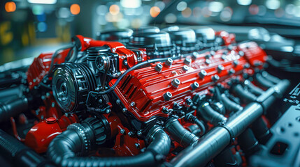 Close-up of the engine of a powerful car with oil