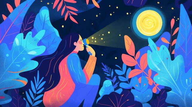 Mindfulness and self analysis flat vector illustration Woman with flashlight searching spirit depth cartoon character Positive psychology and self awareness Psychoanalysis, psychotherapy concept,