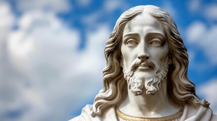 Fototapeta premium A man statue, long-haired and bearded, stands before a blue-white sky adorned with clouds