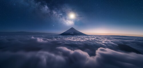 The peak of a mountain visible above dense, low-lying night clouds, illuminated from above by the...
