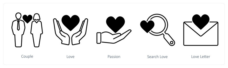 A set of 5 Love and Romance icons as couple, love, passion,