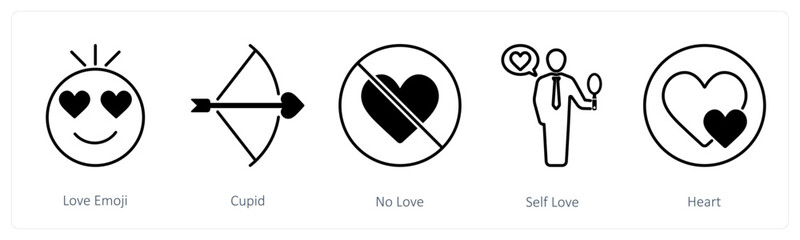 A set of 5 Love and Romance icons as love emoji, cupid, no love