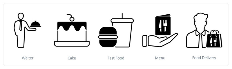 A set of 5 Restaurant icons as waiter, cake, fast food