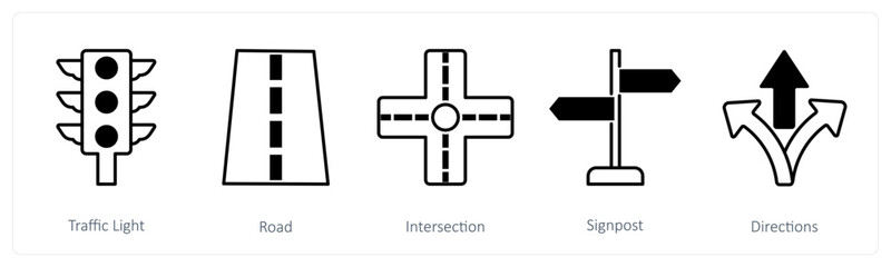 A set of 5 Running icons as traffic light, road, intersection