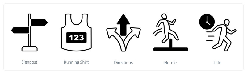 A set of 5 Running icons as signpost, running shirt, directions