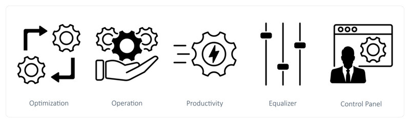 A set of 5 Settings icons as optimization, operation, productivity