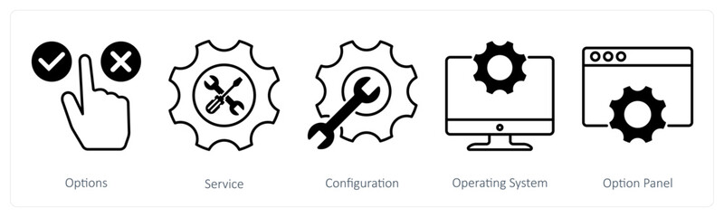 A set of 5 Settings icons as options, service, configuration