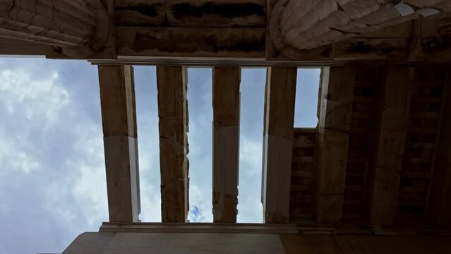 Granite Pillars Of Monument of Agrippa Pedestal In Athens, Greece. Low Angle Shot