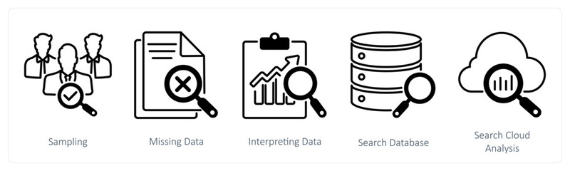 A set of 5 Statistics icons as sampling, missing data, interpreting data