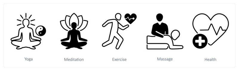 A set of 5 Wellness icons as yoga, meditation, exercise