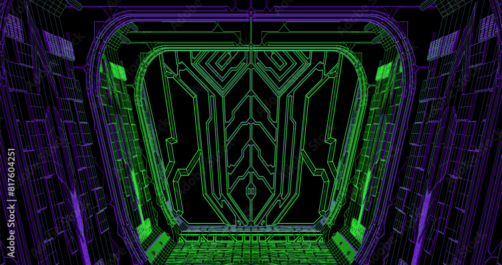 Poster wire low poly frame of a futuristic corridor or tunnel, consisting of lines and polygons in neon col