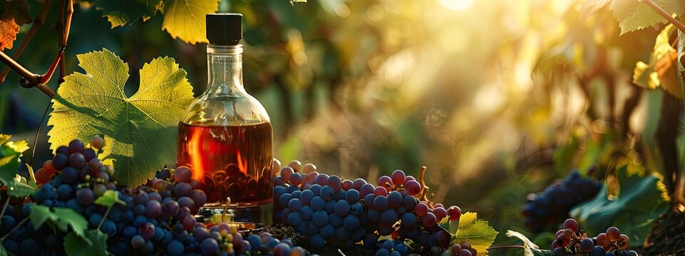 Bottles of brandy against the backdrop of a vineyard. Selective focus.