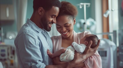 A happy black couple hugs their newborn baby, the woman has just given birth to a child. Eternal Bond: A family Holds Their cute little child Close in a Moment Filled with Love and Wonder