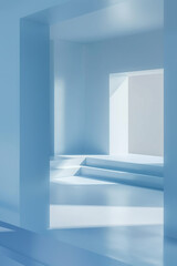 Minimalist 3D white and blue interior design background with an open space