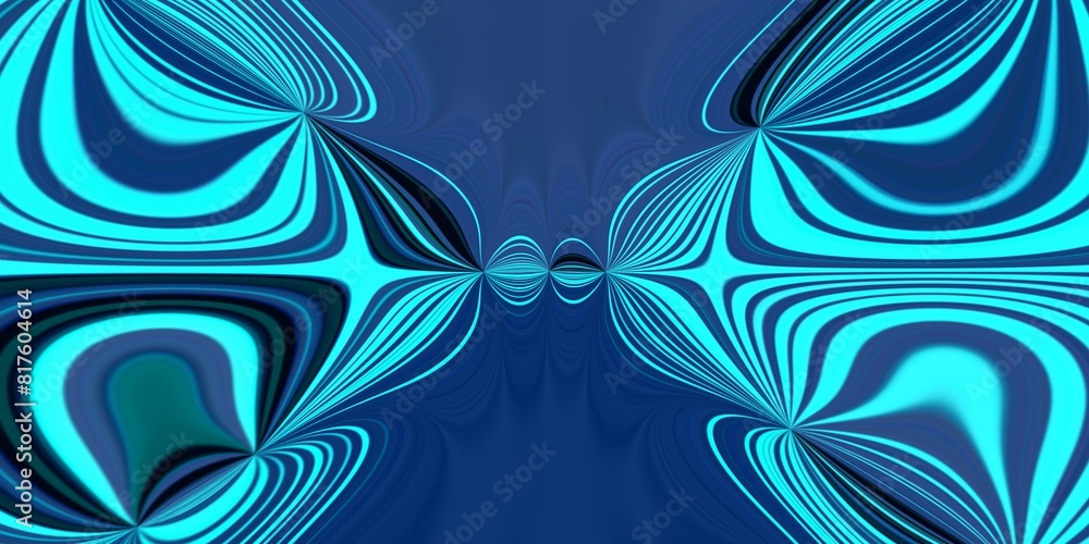 Poster ultra-wide turquoise and black creative patterns and concentric design on a royal blue background wi