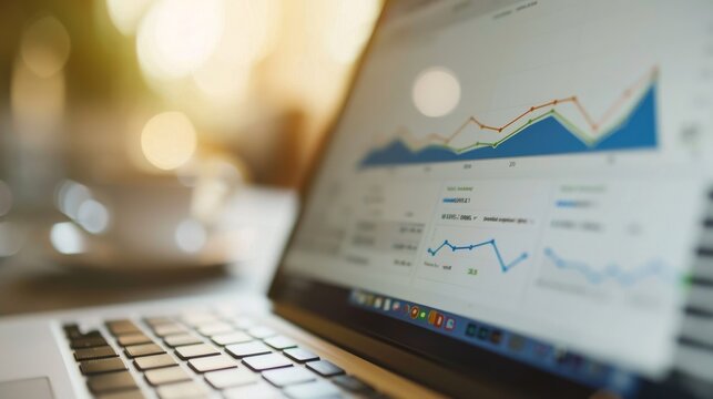 A laptop open on a desk displaying colorful financial charts and graphs, symbolizing data analysis and business planning
