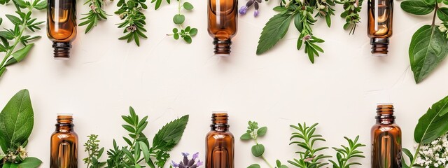 Bottles with essential oils on a background of flowers and leaves. Selective focus.