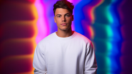 Handsome Man in White Sweatshirt Amid Vivid Studio Backdrops