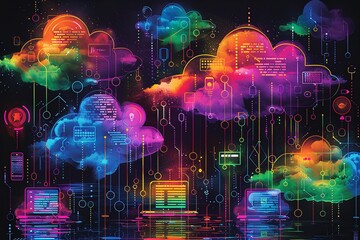Various colorful clouds representing data centers and connections in a cloud computing network