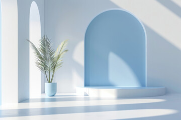 Minimalist 3D white and blue interior design background with an open space