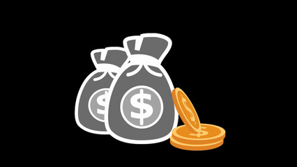 Dollar coin gray money bag animation black background